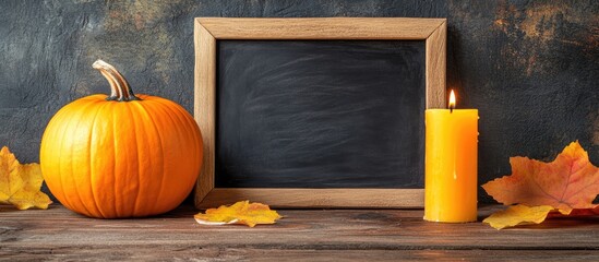 Poster - Blackboard pumpkin and candle on a brown wooden surface Copyspace for text