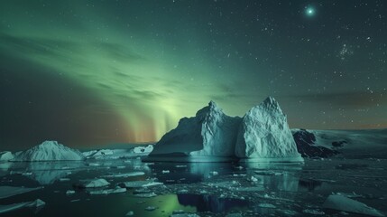 Leinwandbilder - A mesmerizing view of the Northern Lights over the icebergs of Greenland's Disko Bay, Polar scene, Ethereal style