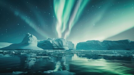 Leinwandbilder - A mesmerizing view of the Northern Lights over the icebergs of Greenland's Disko Bay, Polar scene, Ethereal style