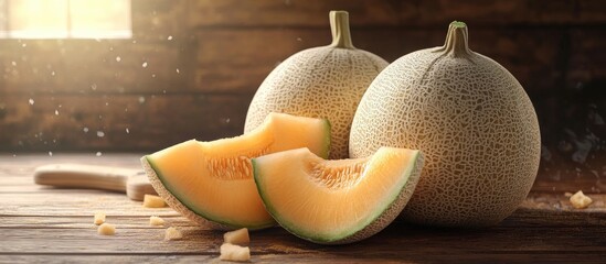 Fototapete - Whole and sliced fresh ripe melons on a wooden table Room for text. with copy space image. Place for adding text or design