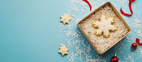 Aufkleber - A box of Christmas gift cookies surrounded by shredded paper on a blue background Copy space