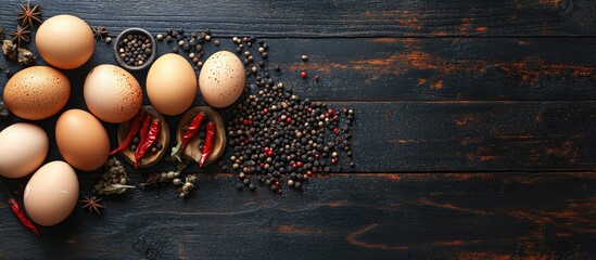 Leinwandbilder - Raw chicken eggs black pepper masala powder cloves allspice red chili pepper and black pepper on a dark wooden background Ingredients for preparing scrambled eggs or an omelet Organic food idea