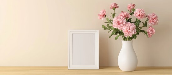 Aufkleber - Flower vase and white photo frame on a wooden table for a family theme. with copy space image. Place for adding text or design