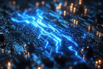 Poster - Blue light illuminating a circuit board with intricate patterns and glowing components at night