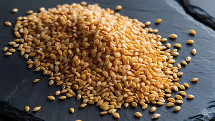 A close-up of golden sesame seeds scattered on a dark slate background