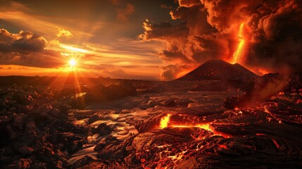 Poster - A stunning perspective of a remote volcanic island with flowing lava rivers and a rare, bright solar flare casting dramatic light patterns over the fiery terrain, Volcanic island scene