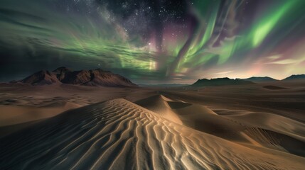 Poster - A stunning perspective of an isolated desert plateau with rare, shifting sand dunes and an unusual aurora borealis creating an ethereal glow over the arid landscape, Desert plateau scene