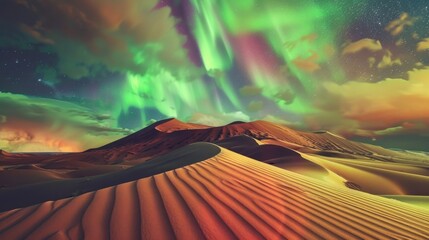 Poster - A stunning perspective of an isolated desert plateau with rare, shifting sand dunes and an unusual aurora borealis creating an ethereal glow over the arid landscape, Desert plateau scene