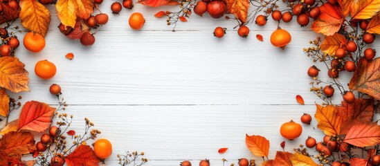 Poster - Wreath made of Euonymus europaeus on a white wooden background Decorative autumn frame featuring toxic fruits orange seeds and vibrant fall leaves copy space