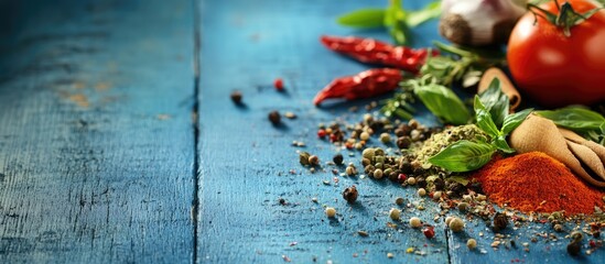 Poster - Herbs and spices on a blue wooden table Culinary or food backdrop Food components. with copy space image. Place for adding text or design