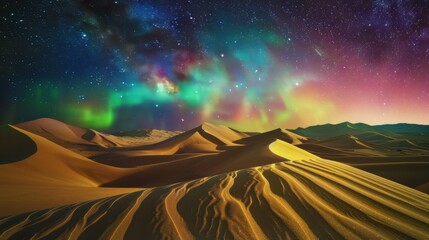 Poster - A stunning perspective of an isolated desert plateau with rare, shifting sand dunes and an unusual aurora borealis creating an ethereal glow over the arid landscape, Desert plateau scene