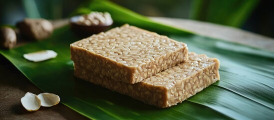 Leinwandbilder - tempe mentah uncooked tempeh raw soybean cake on a banana leaf. with copy space image. Place for adding text or design