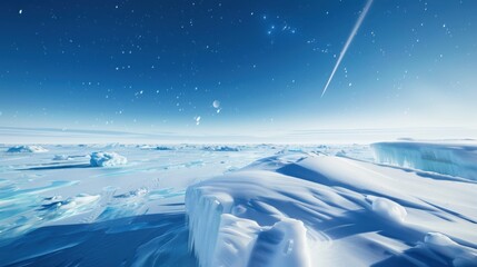 Poster - A stunning perspective of an isolated ice shelf with intricate frost patterns and an unusual deep blue meteor shower streaking across the clear Arctic sky, Ice shelf scene, Celestial style