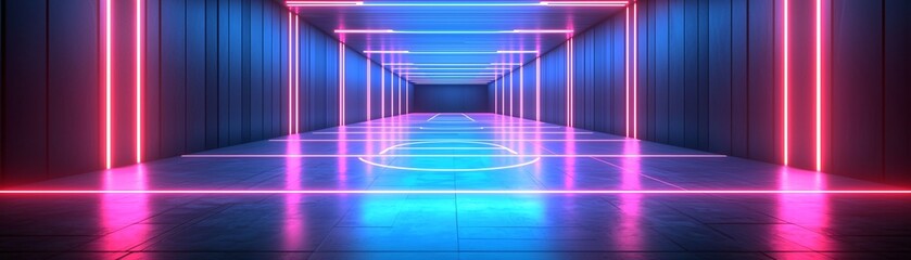 Poster - Futuristic Neon Corridor with Blue and Pink Lights Empty Space 3D Rendering