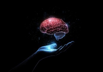 Poster - Artificial intelligence and human brain merge. Close-up AI robot holds AI brain with open hand. Artificial intelligence or AI analysis information. AI produces a superior brain from itself. Human brai