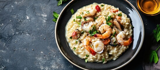 Wall Mural - Plate of tasty seafood risotto on table. with copy space image. Place for adding text or design