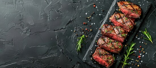 Leinwandbilder - Barbecue dry aged wagyu rib eye beef steaks seasoned with herbs and black salt presented from a top view on a black board with copy space