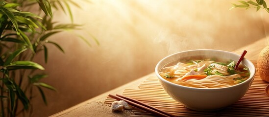 Leinwandbilder - Asian cuisine instant Pho rice noodles in chicken broth. with copy space image. Place for adding text or design