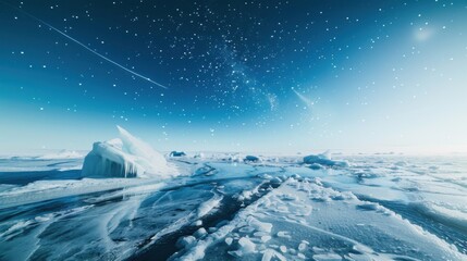 Poster - A stunning perspective of an isolated ice shelf with intricate frost patterns and an unusual deep blue meteor shower streaking across the clear Arctic sky, Ice shelf scene, Celestial style