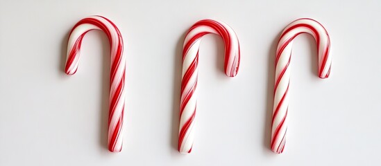 Fototapete - Three candy canes set against a white backdrop candy cane background. with copy space image. Place for adding text or design