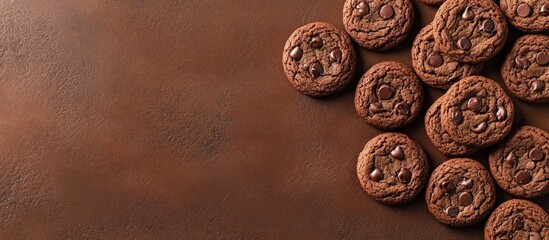 Poster - Chocolate Cookies stock photos Cookies placed on a brown backdrop Biscuit on a brown surface with copyspace for text