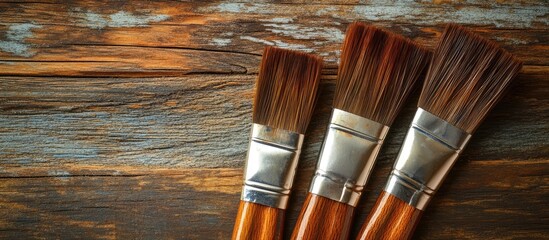 Poster - Brown paintbrushes on a wooden table Top view Copy space