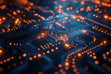 Poster - Close-up view of a circuit board with glowing orange lights showcasing intricate designs