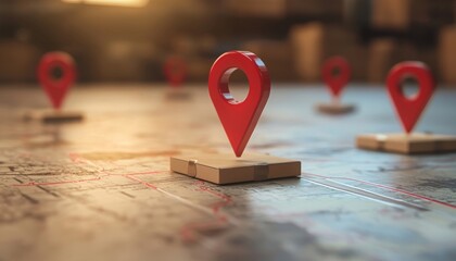 Poster - A close-up of red location markers on a map, symbolizing navigation, tracking, and geographic data visualization.