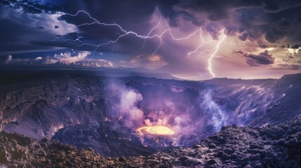 Poster - A stunning view of a hidden volcanic caldera with steaming fumaroles and a dramatic lightning storm flashing across the sky, Volcanic caldera scene, Lightning style
