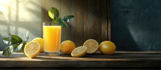 Aufkleber - wood table featuring freshly squeezed lemon juice and lemon slices. with copy space image. Place for adding text or design
