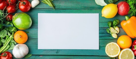 Aufkleber - Arrangement of healthy items and a sheet of paper on a green wooden surface. with copy space image. Place for adding text or design