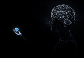 Poster - Artificial intelligence and human brain merge. Close-up AI robot holds AI brain with open hand. Artificial intelligence or AI analysis information. AI produces a superior brain from itself. Human brai