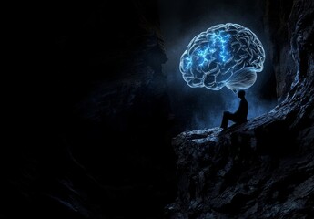 Poster - Artificial intelligence and human brain merge. Close-up AI robot holds AI brain with open hand. Artificial intelligence or AI analysis information. AI produces a superior brain from itself. Human brai