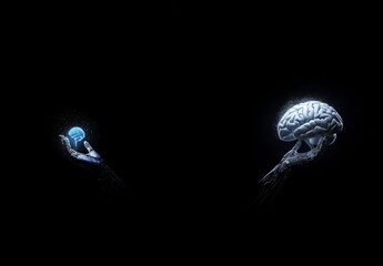 Poster - Artificial intelligence and human brain merge. Close-up AI robot holds AI brain with open hand. Artificial intelligence or AI analysis information. AI produces a superior brain from itself. Human brai