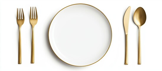 Leinwandbilder - Vintage beautiful plate spoon and fork set against a white background. with copy space image. Place for adding text or design