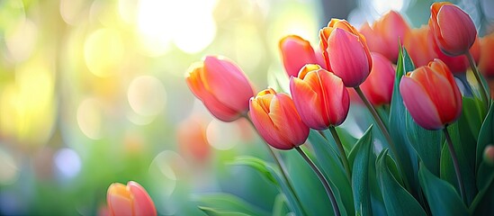 Leinwandbilder - Beautiful bouquet of flowers background Tulips in a summer garden backdrop with copyspace Mockup for a greeting card