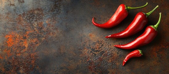 Fototapete - Cayenne chilli peppers on a rusty metal surface Image featuring copyspace