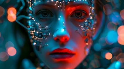 The face of android young woman covered with integrated microcircuits against background of IT equipment, neon lights and digital elements. Future human robot with electronic chips and circuit on head