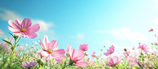 Leinwandbilder - Pink cosmos flowers blooming in a garden against a blue sky summer garden theme copy space