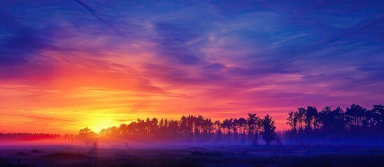 Aufkleber - Dramatic sunset panorama in the sky showcasing beautiful colorful sunlight over a blue purple landscape The silhouette of trees in the woodland is visible during twilight with copy space available 