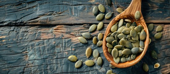 Leinwandbilder - Pumpkin seeds in a wooden spoon on a wooden surface Nutritious food Sprinkled pumpkin seeds Copy space Flat lay