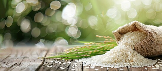 Poster - Fresh rice on a wooden table background Image Selective focus copy space