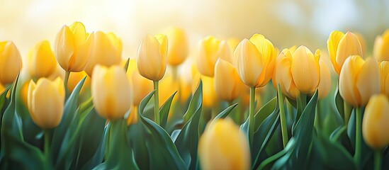 Poster - Panorama frame Close up of tulips featuring vibrant yellow petals and green leaves in spring. with copy space image. Place for adding text or design