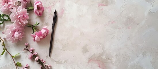 Aufkleber - Guest list pen and lovely flowers on a light textured background flat lay Area for text. with copy space image. Place for adding text or design