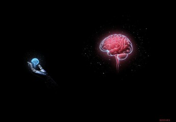 Leinwandbilder - Artificial intelligence and human brain merge. Close-up AI robot holds AI brain with open hand. Artificial intelligence or AI analysis information. AI produces a superior brain from itself. Human brai