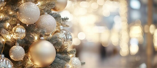 Aufkleber - Beautiful Christmas tree adorned with silver and gold sparkling balls in the department store to celebrate the holiday season Selective focus with a blurred background. with copy space image