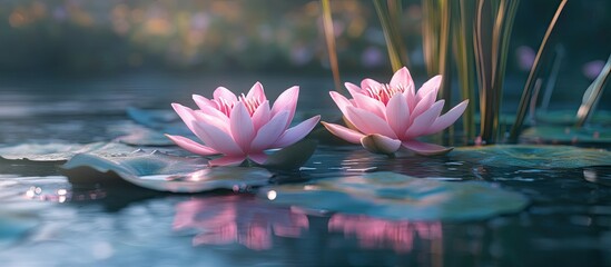 Poster - Two stunning pink water lilies or lotus flowers Marliacea Rosea in an antique pond Nympheas bloom among large leaves beneath tall sedge plants by the shore Selective focus Nature concept for design