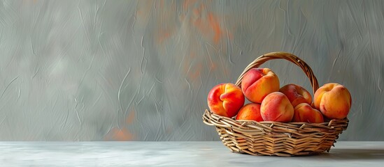 Leinwandbilder - Several peaches are arranged in a wicker basket on a clean flat white table A fresh mix of orange yellow red and soft shadows appears on the ground This creates a concept for a fruit background wit