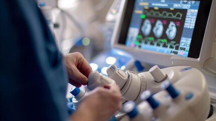 Poster - A cardiologist performing an echocardiogram on a patient in a cardiac lab, with ultrasound equipment and heart diagrams in the background, macro shot