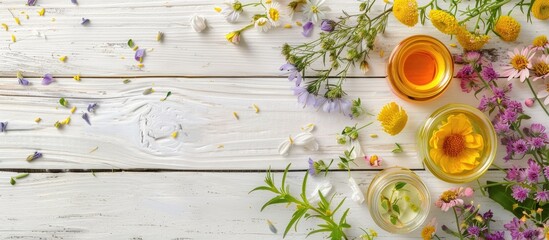 Poster - Cosmetic product samples featuring herbal flowers on a white wooden table